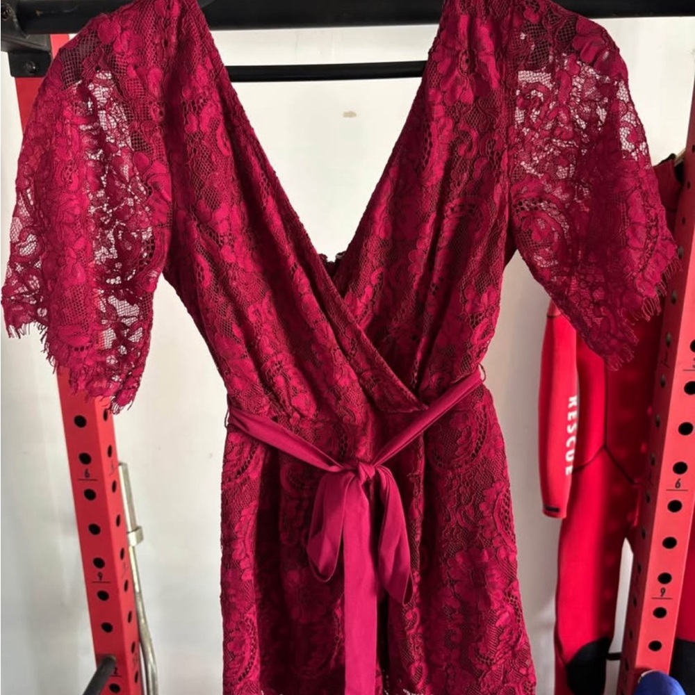 Francesca's Collections Red Romper with Lace Details